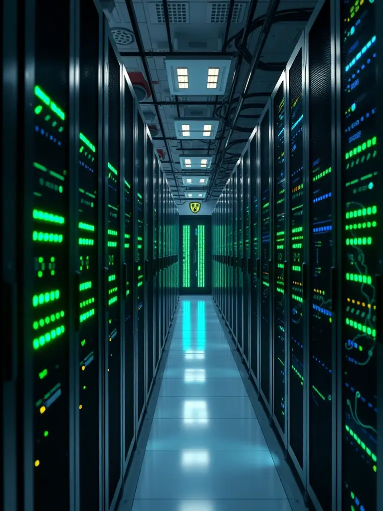 A secure cloud server room with blinking lights, symbolizing the secure and reliable infrastructure of Our Cloud Live.