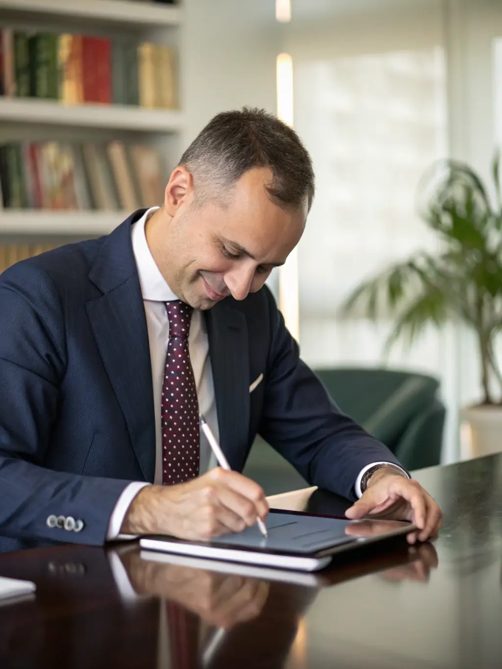 A professional businessman analyzing a financial dashboard on a tablet, showcasing real-time data insights.