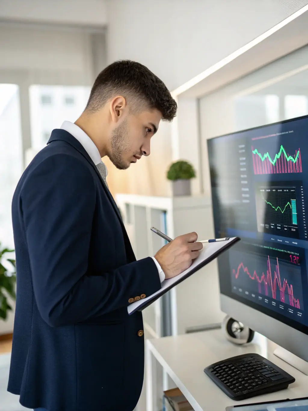 A professional businessman analyzing financial data on a modern dashboard, showcasing real-time insights and trends for informed decision-making in Our Cloud Live's financial analytics platform.