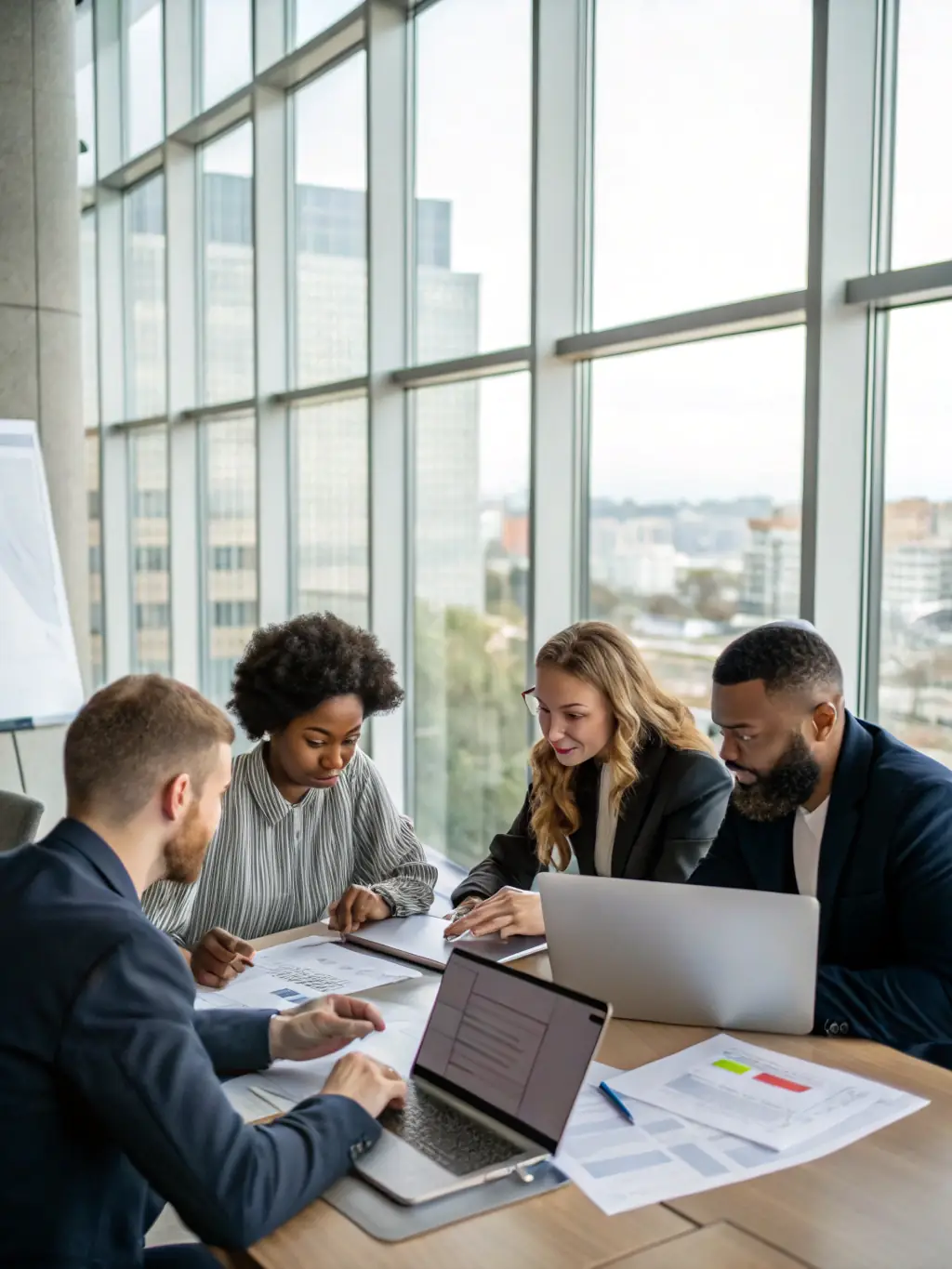 A diverse team of financial analysts collaborating on a project, illustrating the collaborative and expert support provided by Our Cloud Live.