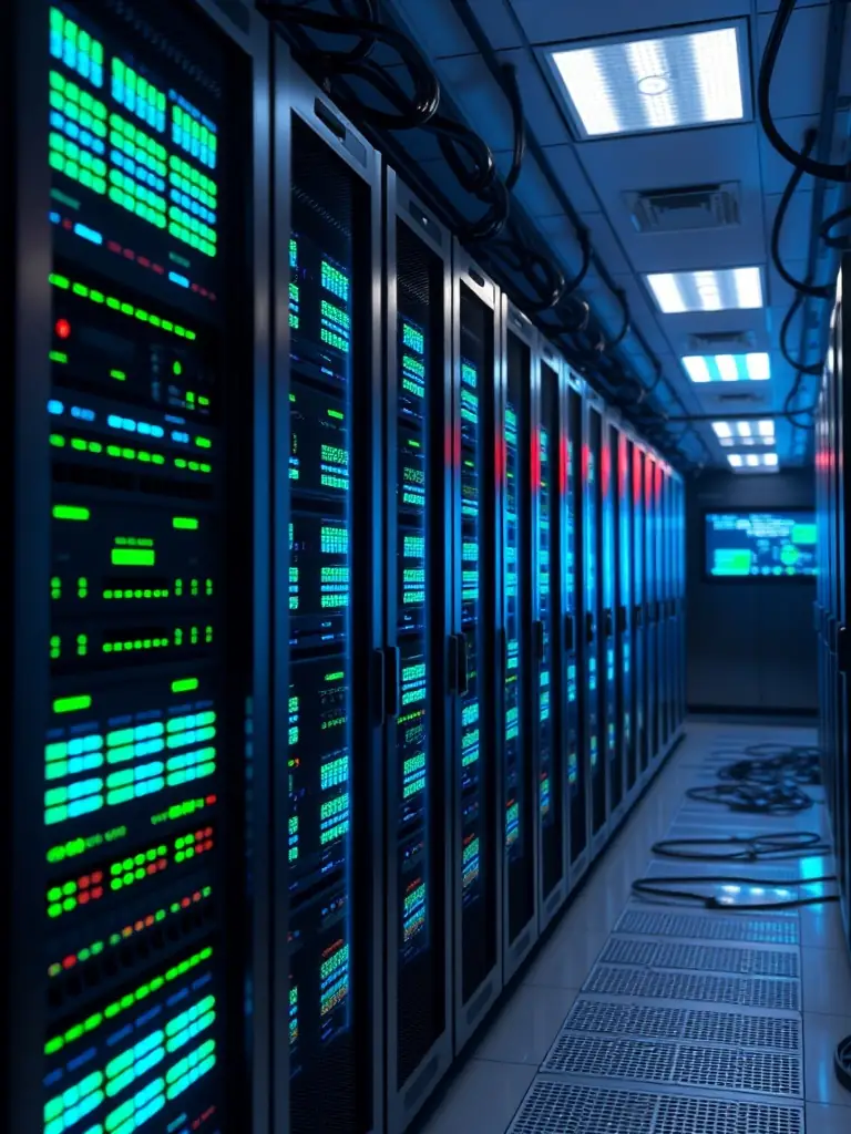 A secure cloud server room with glowing lights and data streams, symbolizing the robust and secure infrastructure of Our Cloud Live's financial solutions.